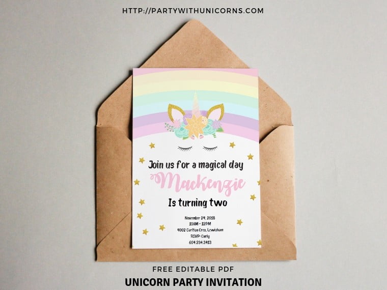 Free Unicorn birthday invitation to print or send online