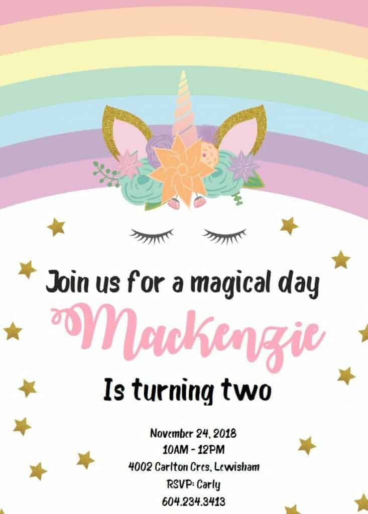 10 UNICORN PERSONALISED BIRTHDAY PARTY INVITATIONS NEW FOR 2018 