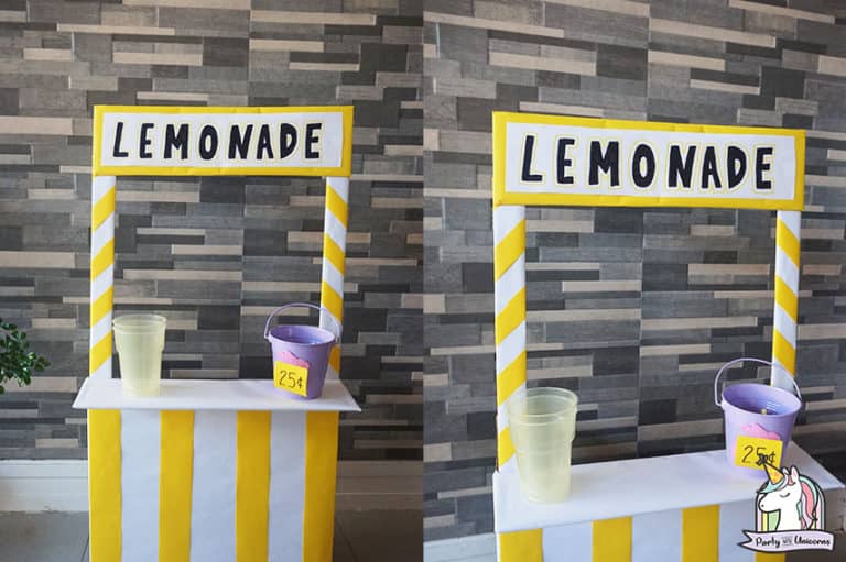 DIY Cardboard Lemonade Stand for Kids Party with Unicorns