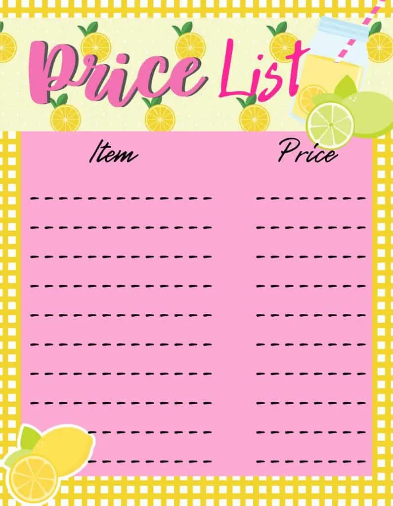 Lemonade Stand Price List