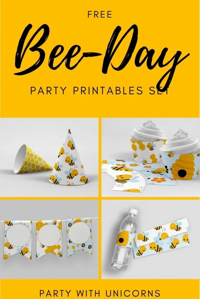 Free Set of Bee-day or Ba-Bee Shower Party printables. The set includes Bee-Day Birthday Banners, Bee-Day Cupcake Holders, Bee-day Waterbottle Lables, Bee-Day party Hats and Bee-day Cupcake toppers. All Available as a free download from our library. Bee-day | Ba-bee Shower | First birthday themes | Baby shower themes #beeday 