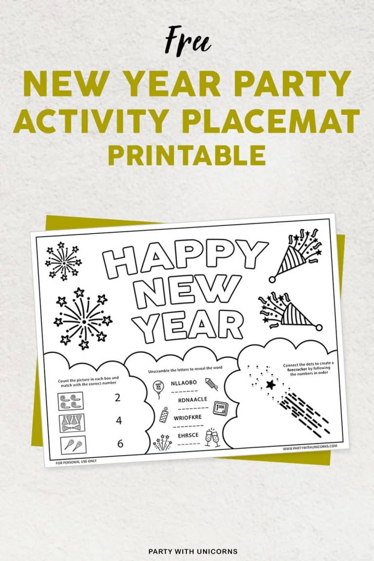 New Years Printable Activity Sheets for Kids Party with Unicorns
