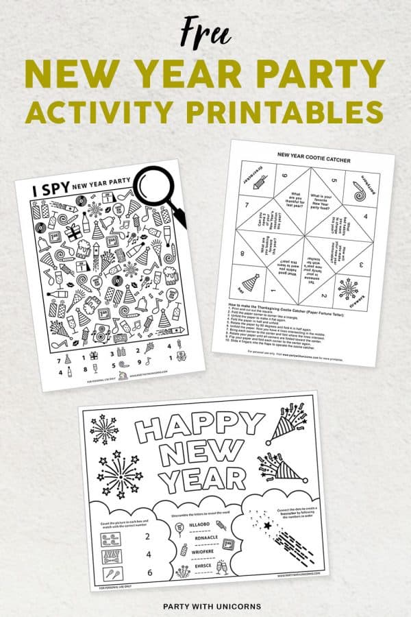 New Years Printable Activity Sheets for Kids - Party with Unicorns