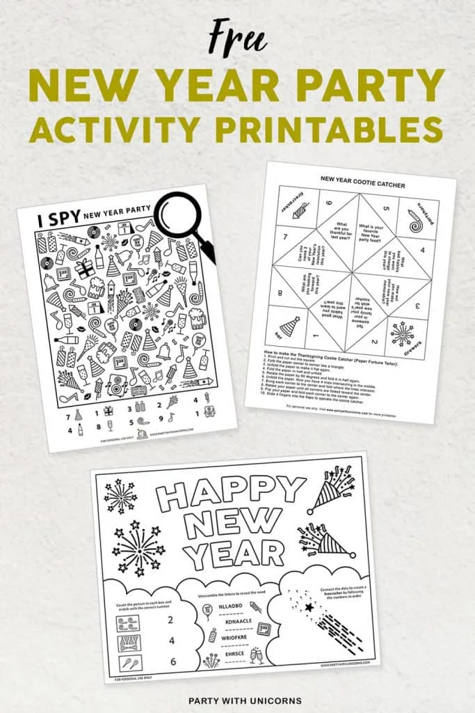 new years printable activity sheets for kids party with unicorns