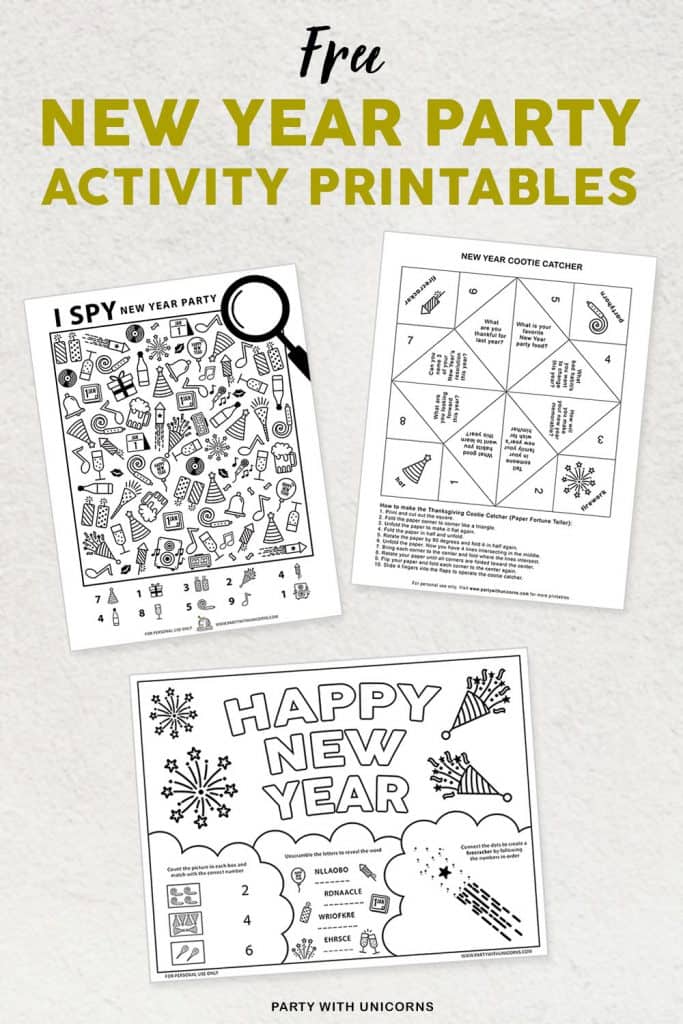 New Years Printable Activity Sheets for Kids - Party with Unicorns
