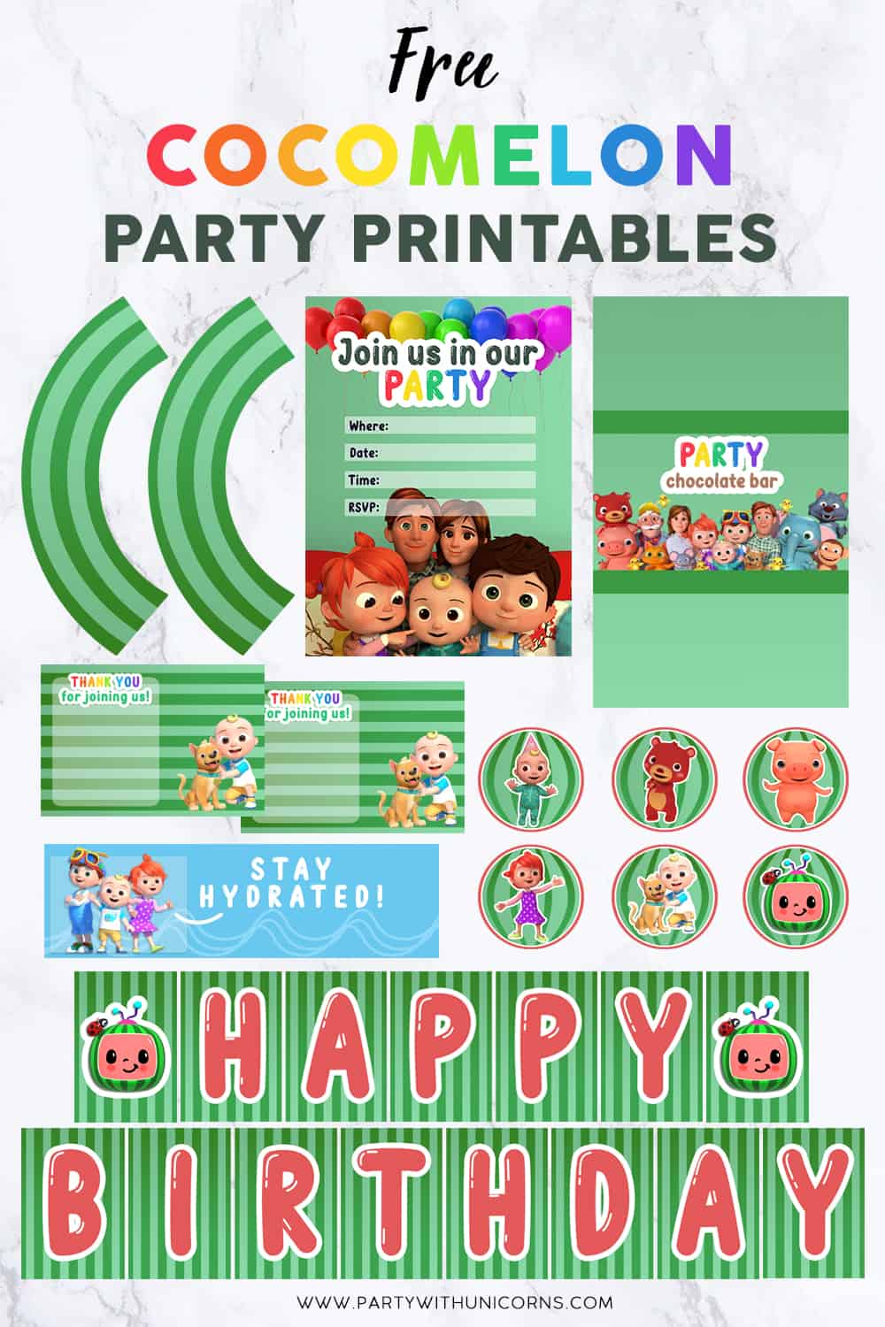 Party Printables Set Free download Party with Unicorns