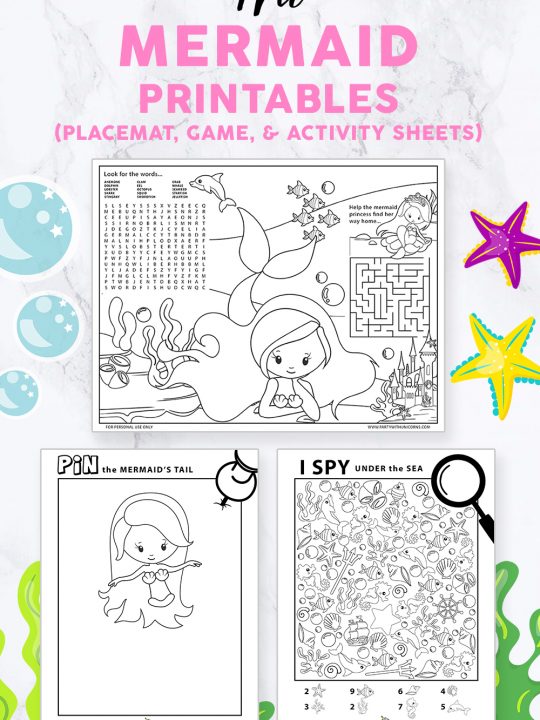 Mermaid Printables set including a printable placemat, a wordsearch, a mermaid iSpay and pin the tail on the mermaid game