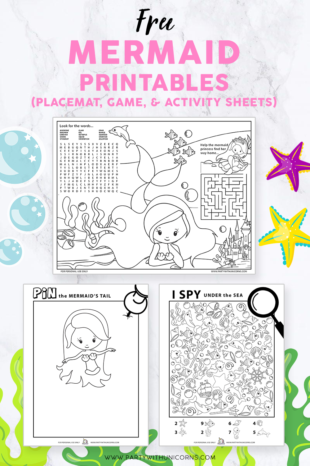 FREE Mermaid Printables (Placemat, Game, and Activity Sheets) Party