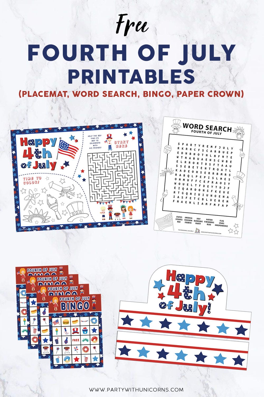 Fourth of July Printables for Kids - Party with Unicorns